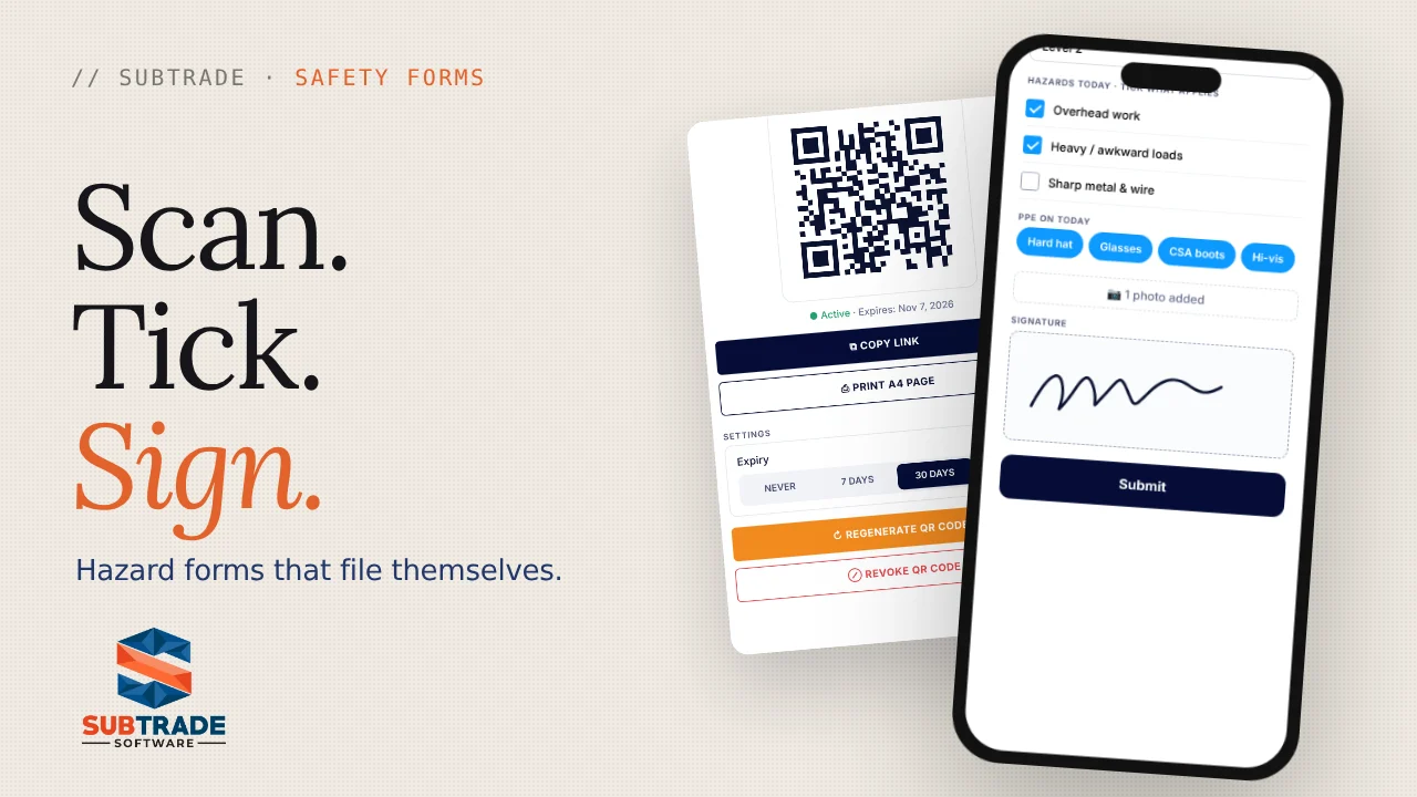 Play the SubTrade Safety Forms walkthrough, a site QR code beside a hazard assessment ticked and signed on a phone under the words scan, tick, sign