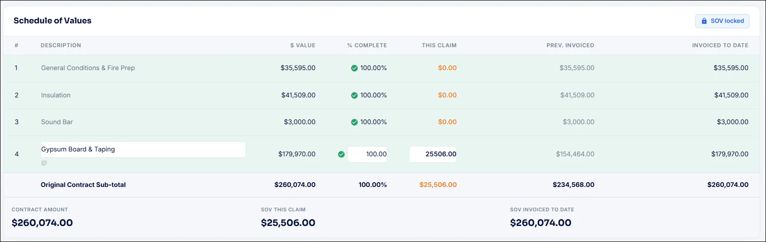 Schedule of values in SubTrade showing percent complete, this claim, previously invoiced and invoiced to date columns for a progress claim