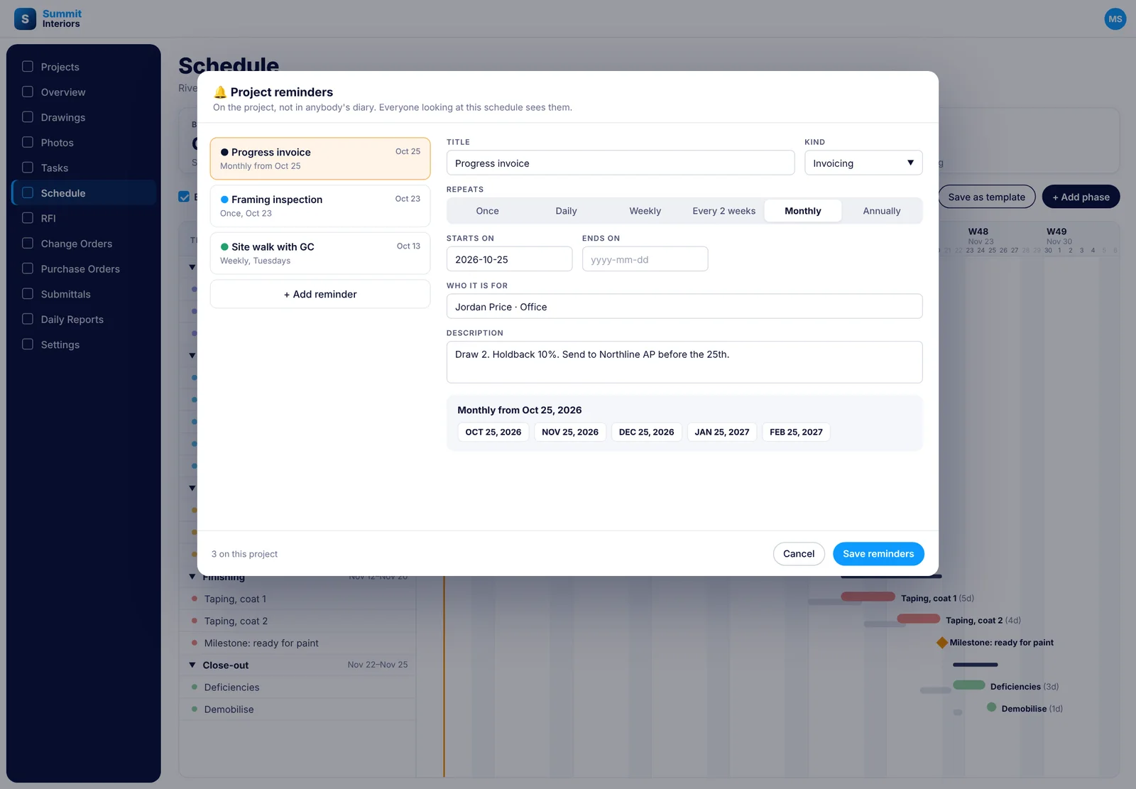 The Project reminders dialog in SubTrade with a monthly progress invoice reminder from the 25th, a framing inspection and a weekly site walk, and the upcoming reminder dates listed