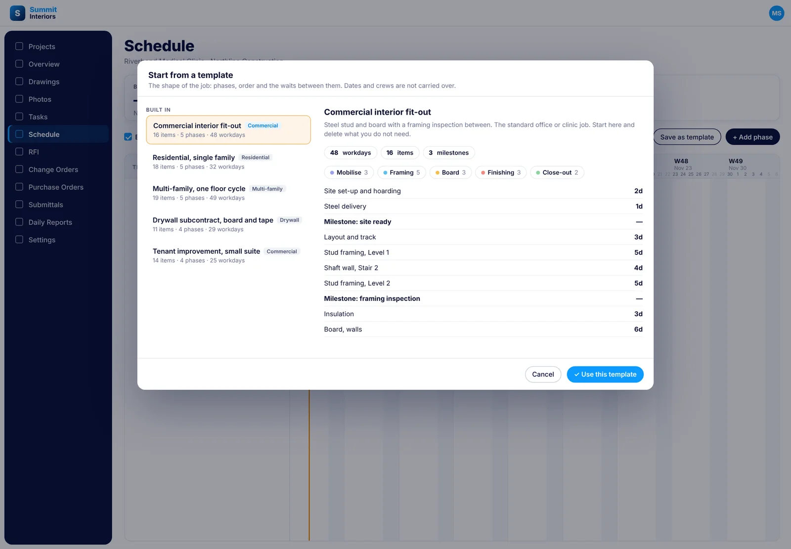 The Start from a template dialog in SubTrade with the commercial interior fit-out template selected, showing its workdays, items, milestones, phases and the list of items with durations