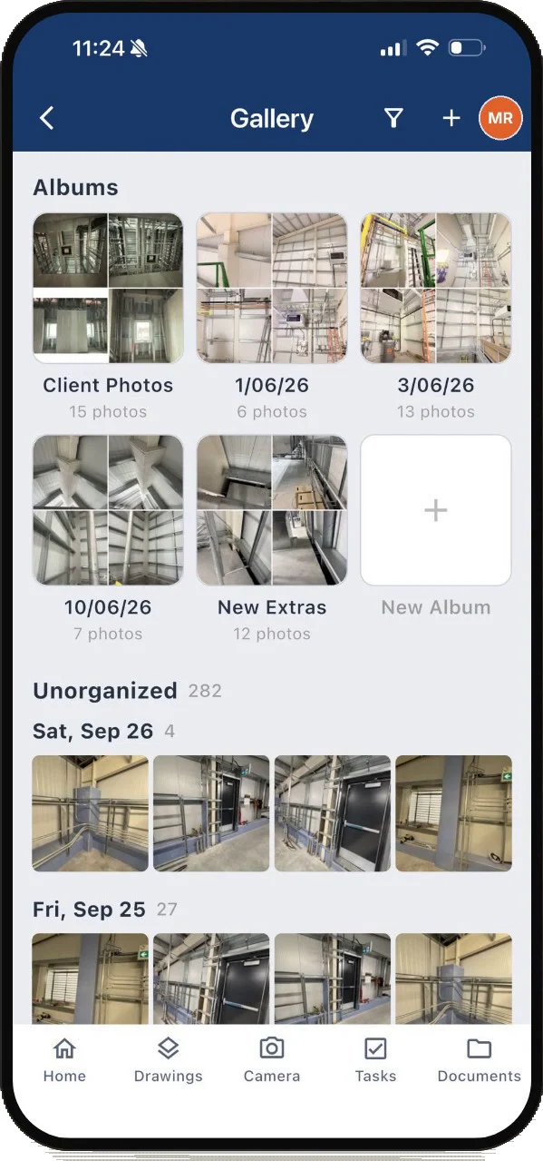 SubTrade mobile gallery with albums for client photos, dated site visits and new extras, above unorganized photos by date