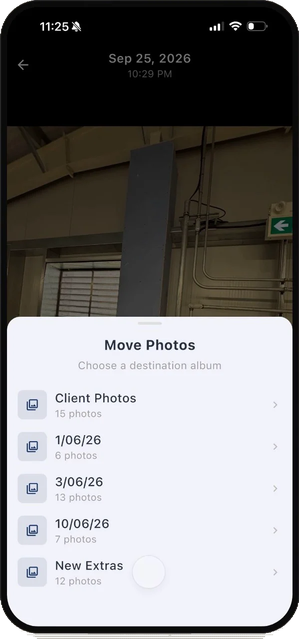 SubTrade move photos sheet with destination albums: client photos, dated visits and new extras