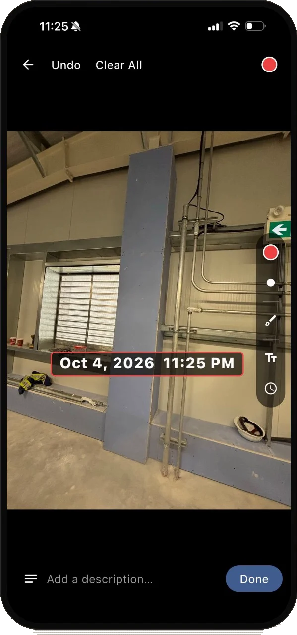 A site photo in the SubTrade app with the date and time Oct 4, 2026 11:25 PM stamped on the image