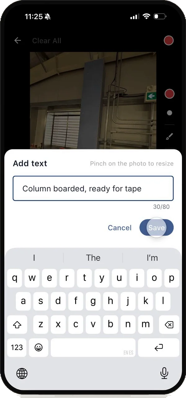 Adding the text column boarded, ready for tape on a site photo in the SubTrade app