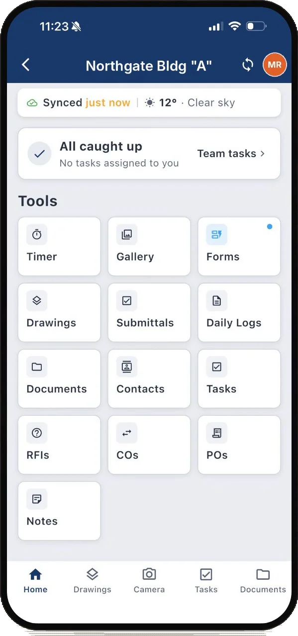 SubTrade mobile app project home for Northgate Bldg A with tools including timer, gallery, forms, drawings, daily logs and tasks