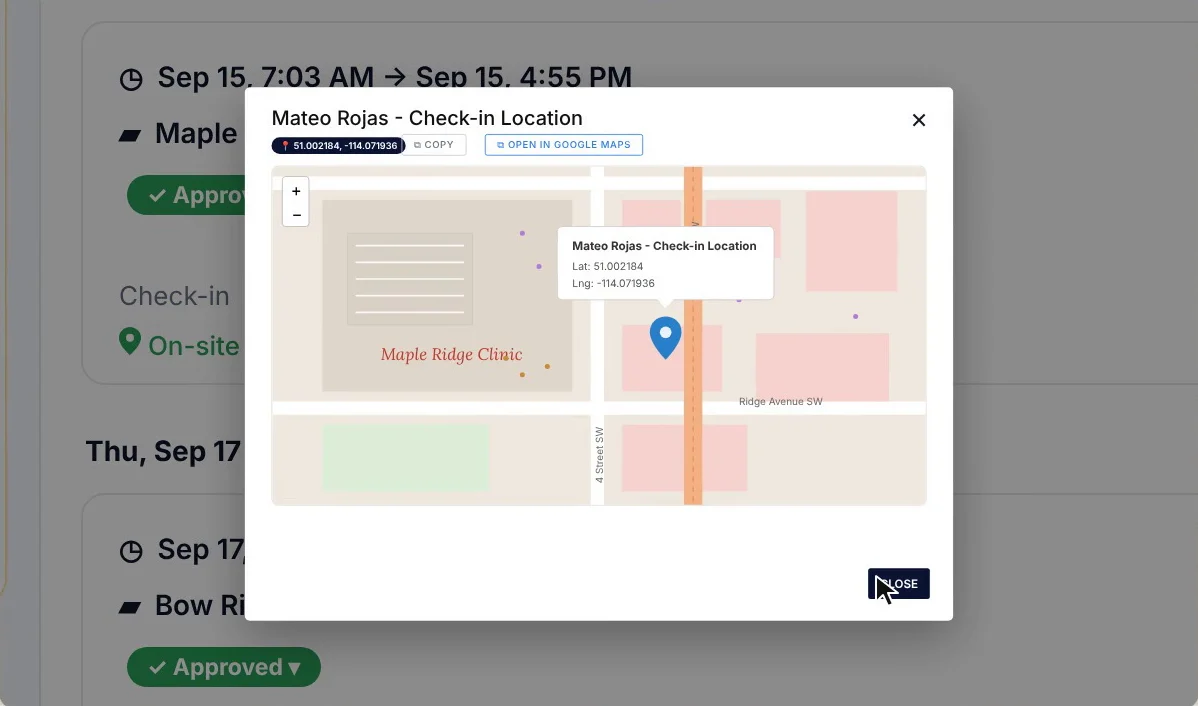 SubTrade check-in location map for a worker showing the pin at Maple Ridge Clinic with the coordinates and an open in Google Maps button