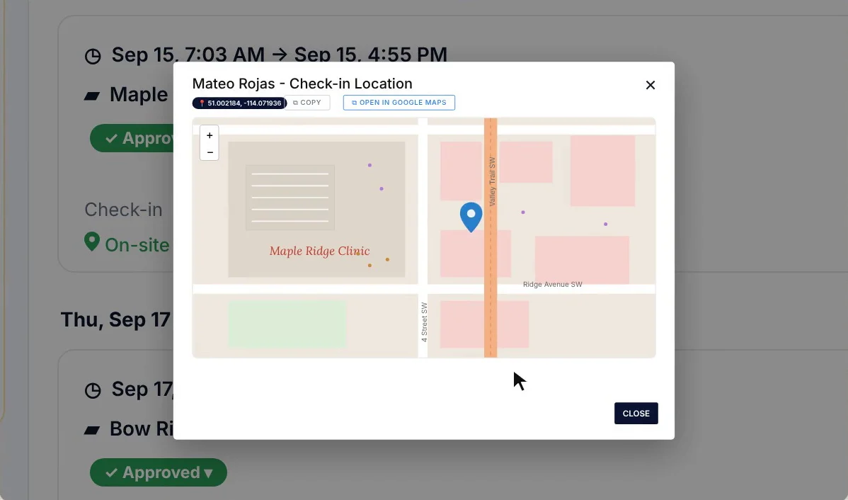 SubTrade time entry for Maple Ridge Clinic with an on-site check-in and an off-site check-out marked in red