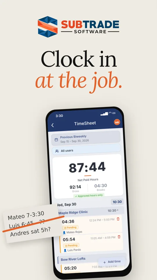 Play the SubTrade mobile timesheet short: the phone app showing net paid hours under the words clock in at the job