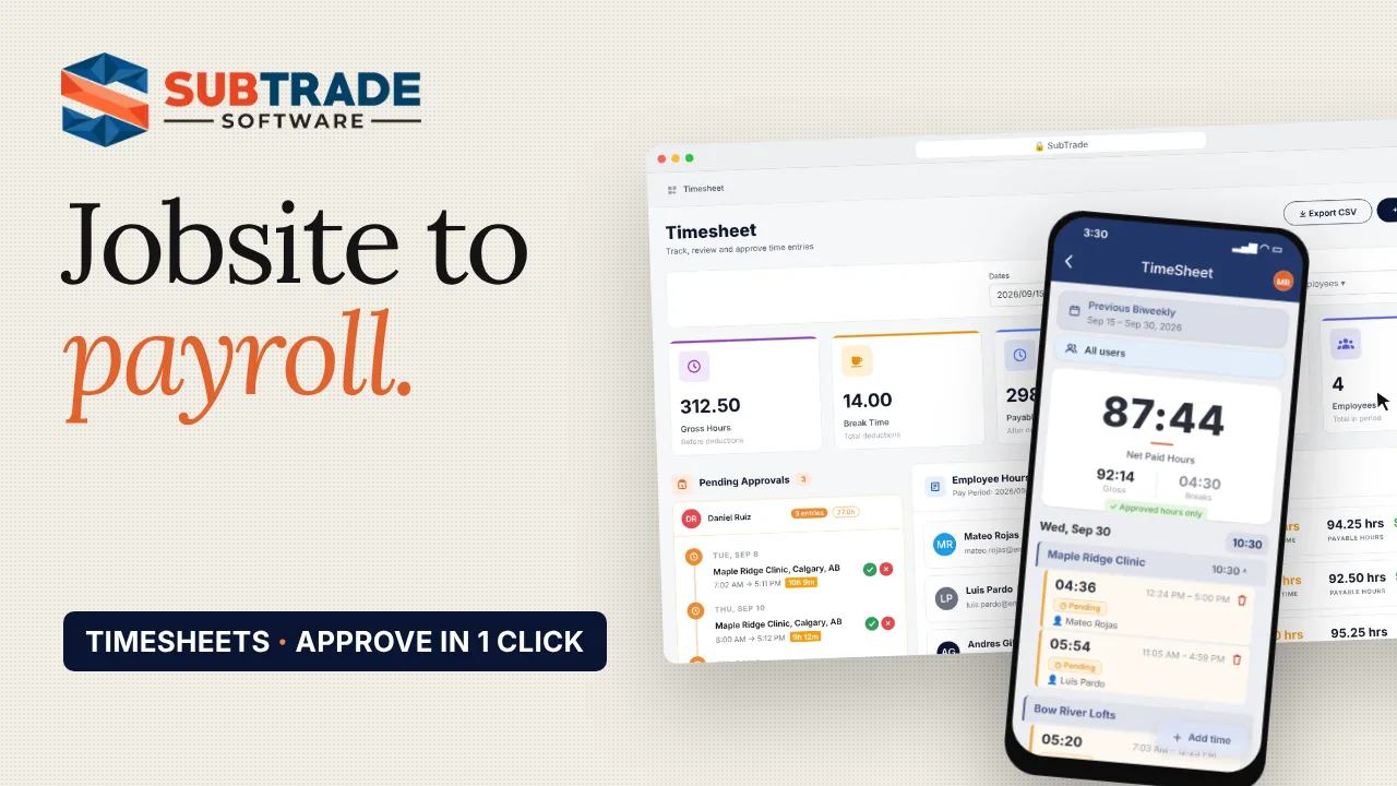 Play the SubTrade Timesheets walkthrough: the desktop timesheet and the mobile app behind the words jobsite to payroll