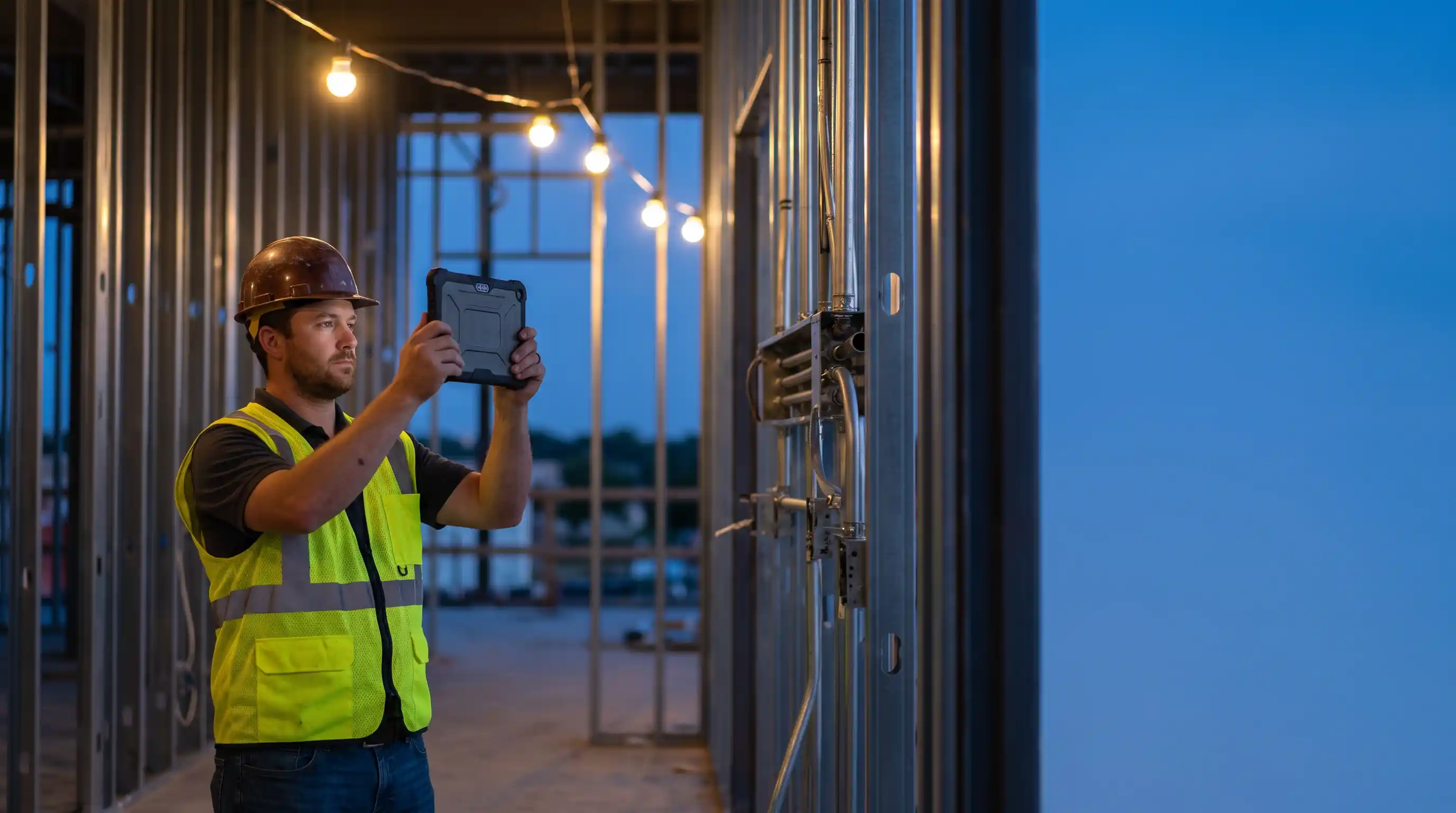 A foreman standing in a partly framed commercial interior at dusk, photographing directed extra work on a tablet under temporary lighting.