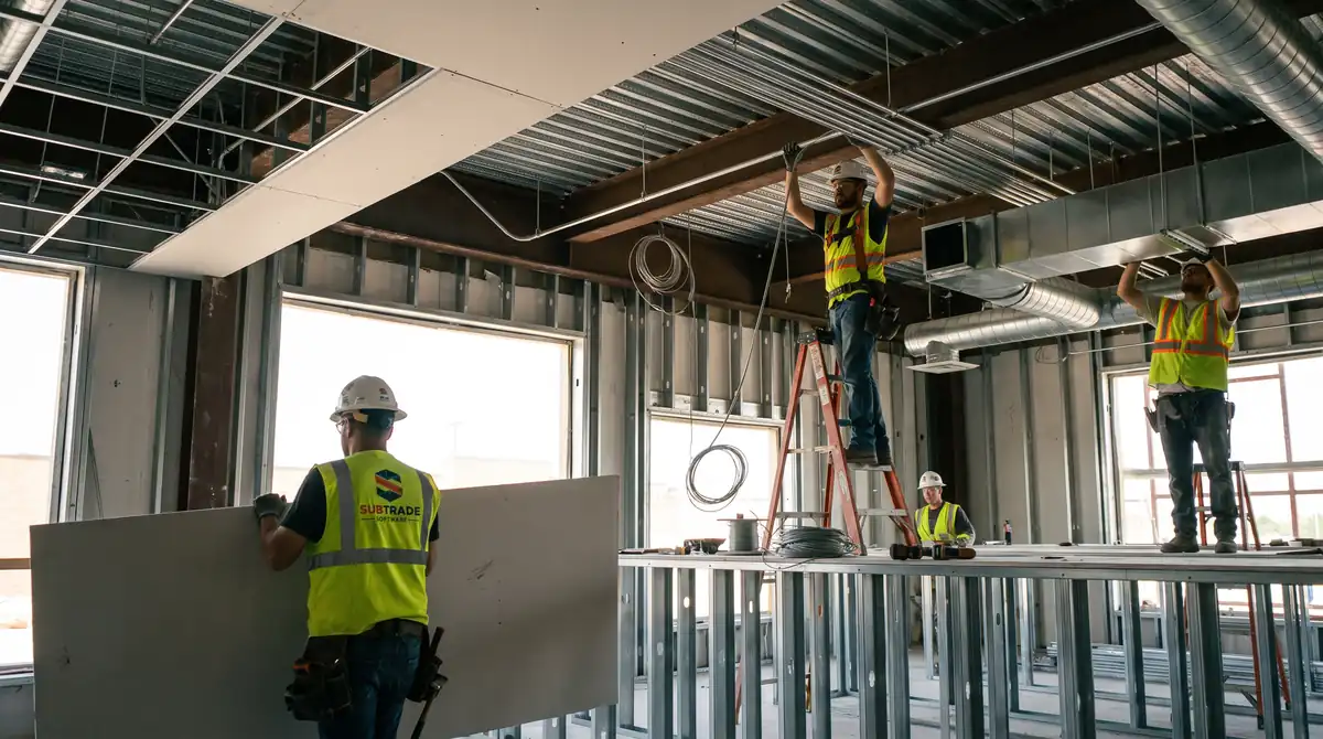 Several trade crews working at once inside a commercial building under construction, with steel stud framing, overhead conduit and ductwork.