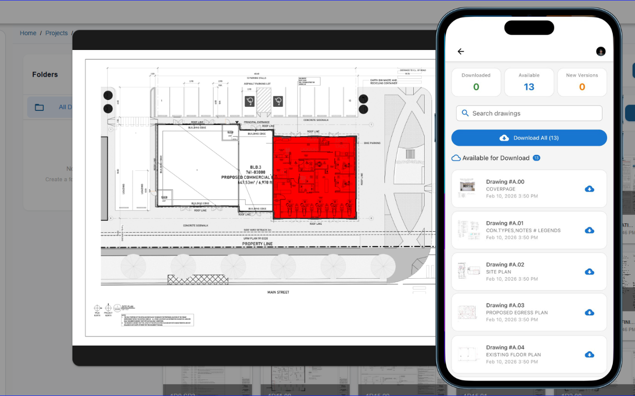 SubTrade drawings and markups screen showing construction plans with annotation and markup tools — subcontractors can view, highlight, and share the latest drawing revisions directly from desktop or mobile on the job site, eliminating wrong-revision mistakes and reducing RFI delays.
