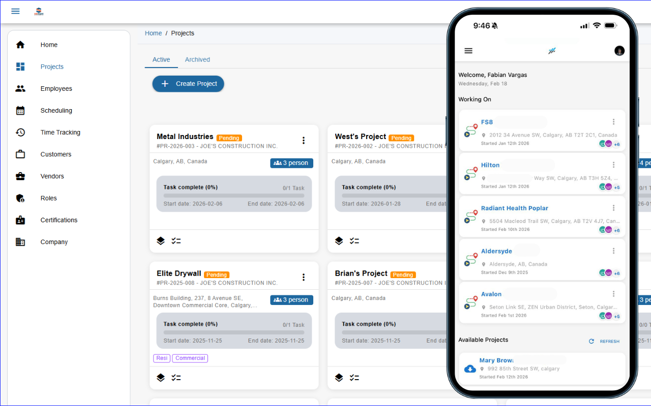 SubTrade project management dashboard for subcontractors showing a list of active construction projects — including Pro-Air Metal Industries, Elite Drywall, JocaWest's Project, and Brian's Project — with pending status badges, crew counts, task completion progress bars, and project start and end dates on desktop. A mobile app overlay shows the same project list on iPhone with GPS location pins and crew member avatars, demonstrating full desktop and mobile access for trade contractors.