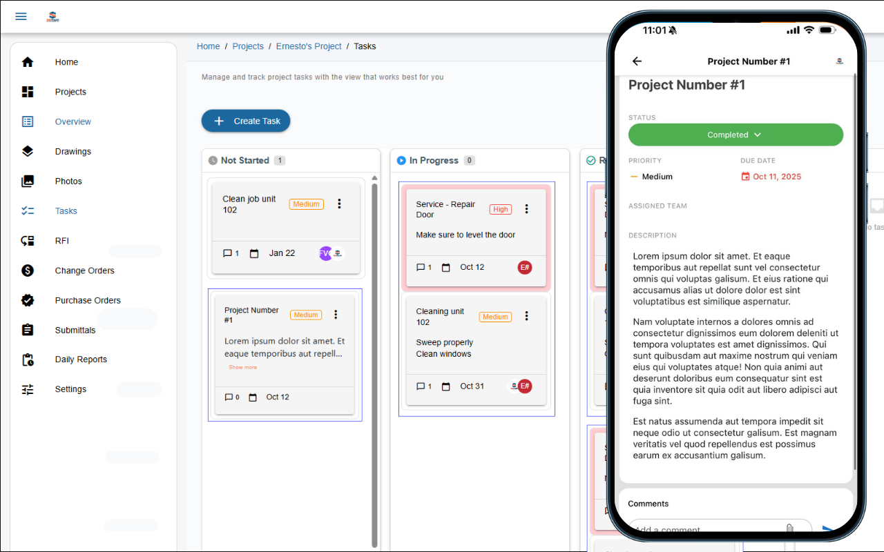 SubTrade tasks and reminders screen showing a list of assigned tasks with priority levels, due dates, assigned crew members, and completion status — allowing subcontractors and foremen to delegate work and receive automated follow-up reminders so nothing falls through the cracks on busy job sites.