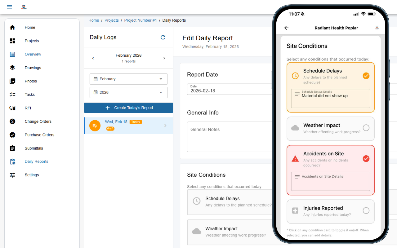 SubTrade daily log entry screen for subcontractors showing fields for site conditions, crew attendance count, weather, work completed, delays, and notes — creating a time-stamped job record that protects trade contractors in the event of disputes and impresses general contractors with professional documentation.