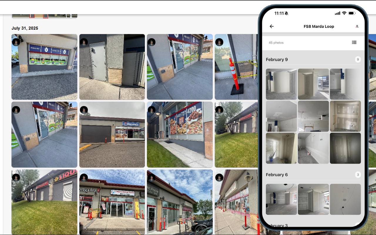 SubTrade jobsite photo documentation screen showing a grid of geo-tagged construction site photos attached to a daily log — subcontractors can capture, organize, and share photos from the mobile app, building a complete visual job record for every project and providing evidence for dispute resolution.