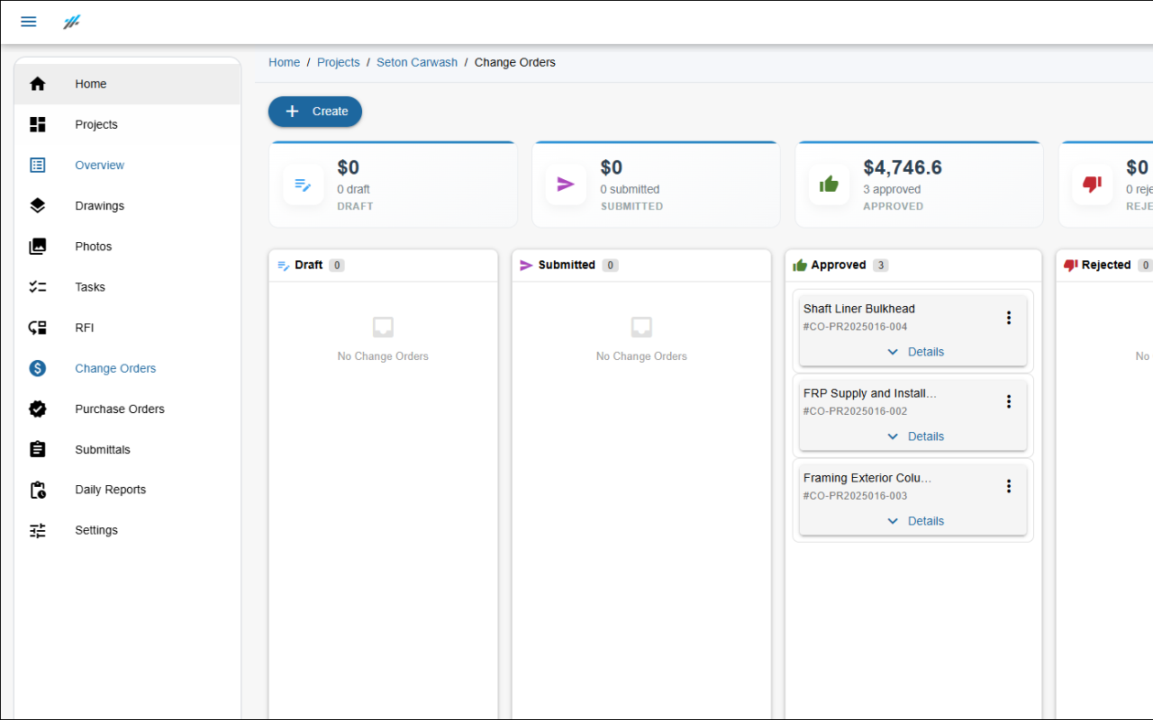SubTrade change order management screen showing a list of change orders with approval status labels — approved, pending, and draft — along with dollar amounts and project names. Subcontractors can create and send digital change orders from the job site in under 60 seconds, capturing every dollar of extra scope work before it gets forgotten.