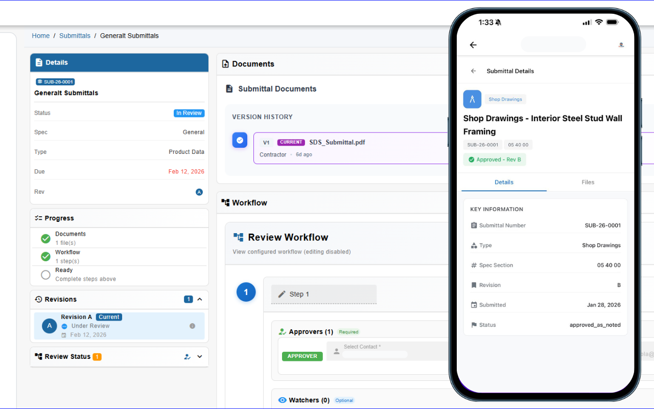 SubTrade submittals tracking screen showing shop drawings, product data sheets, and material submittals organized by approval status — draft, pending review, and approved — helping subcontractors streamline the GC review and approval process and keep construction projects moving without administrative delays.