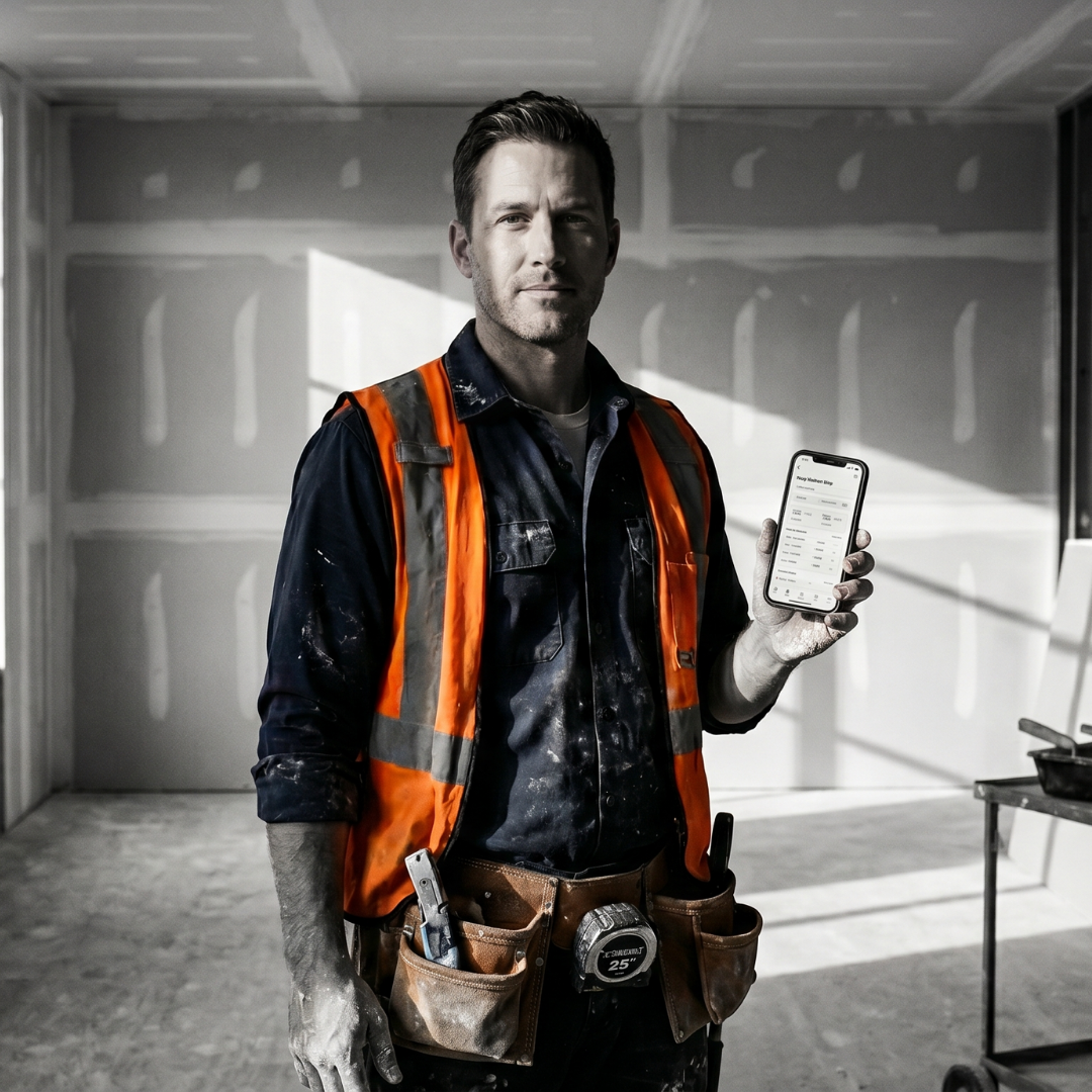Drywall contractor in orange safety vest holding the SubTrade mobile app inside a taped and ready-to-finish interior