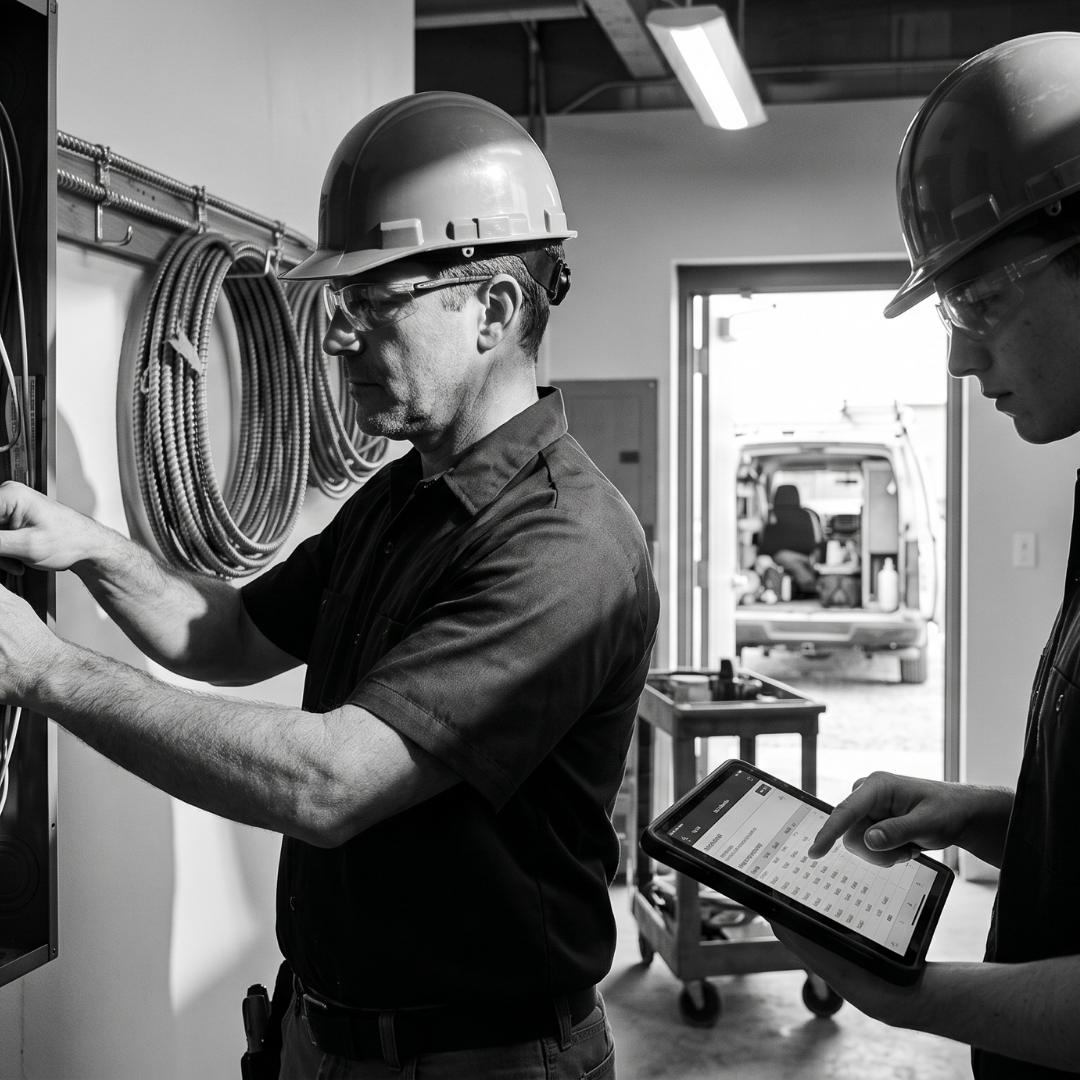 Electrical contractor working on electrical panel while office reviews a job in SubTrade