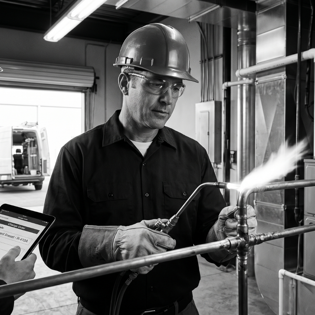 HVAC technician brazing copper refrigerant line while office reviews a change order for an R-410A equipment install in SubTrade