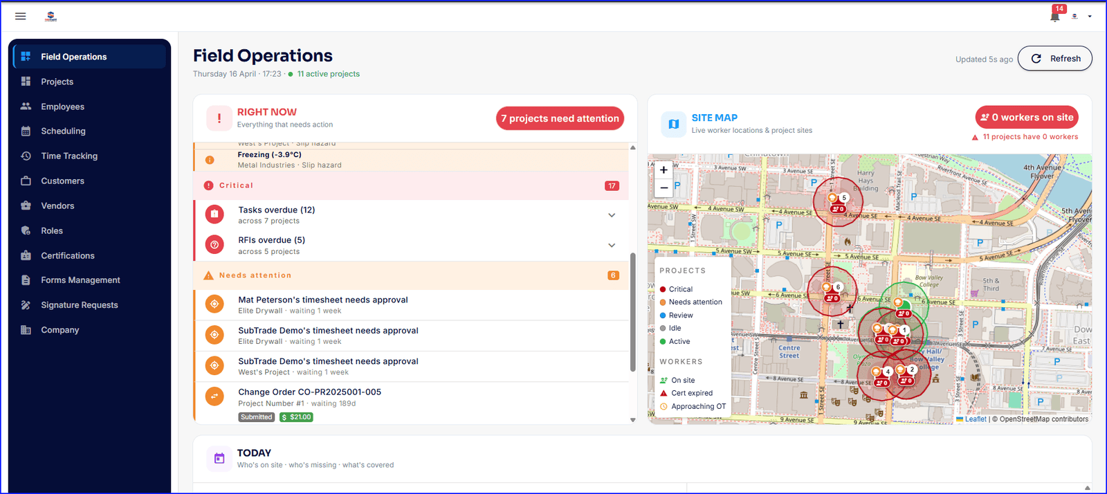 SubTrade Field Operations dashboard showing right-now alerts and live worker site map for subcontractors