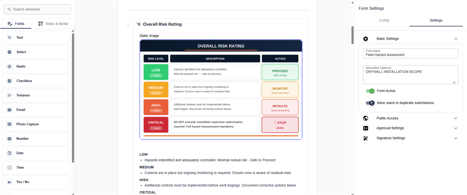 SubTrade form builder with drag-and-drop field elements and overall risk rating template for HVAC safety forms