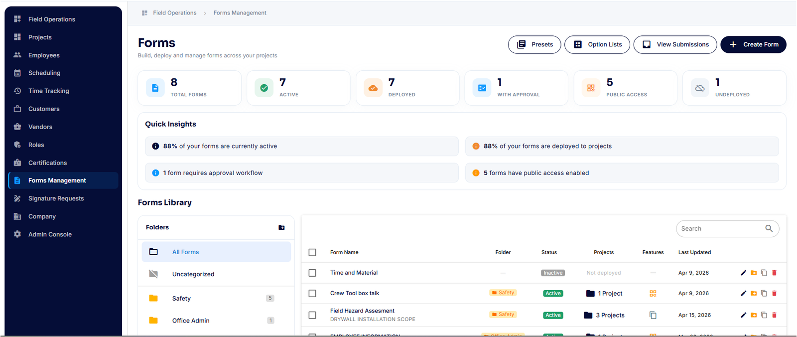 SubTrade Forms Management dashboard for HVAC contractors showing active forms, deployments and approval workflows