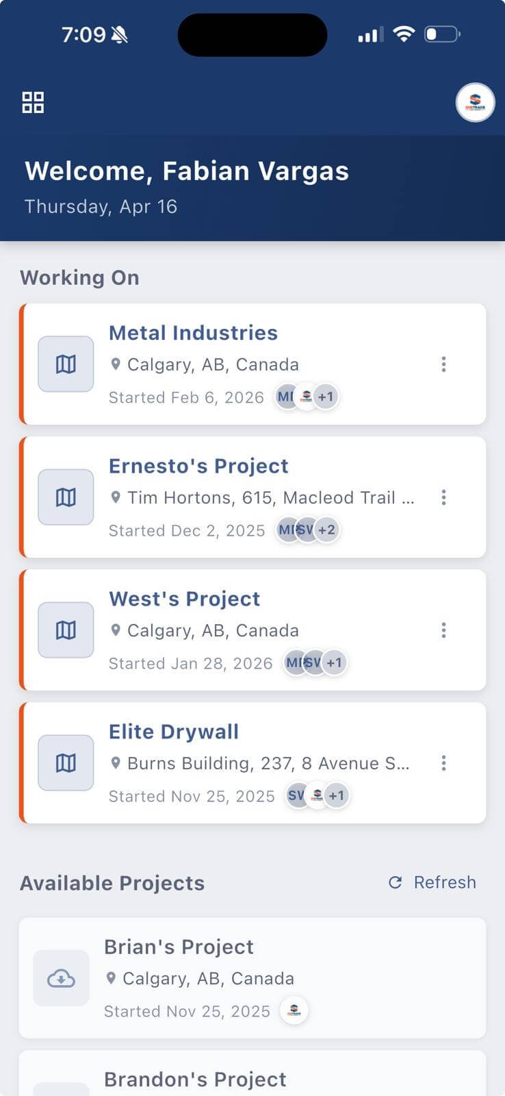 SubTrade mobile app for field crews showing working projects, available projects and jobsite locations on iPhone