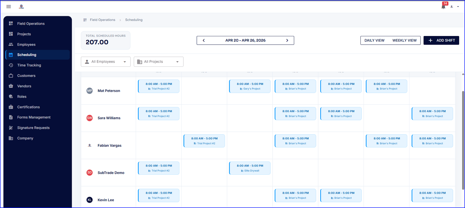 SubTrade weekly scheduling board for trade contractors assigning crews to projects