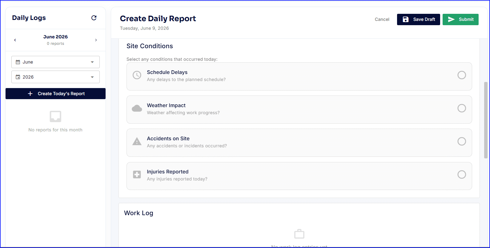 SubTrade daily report with work performed, crew, and weather