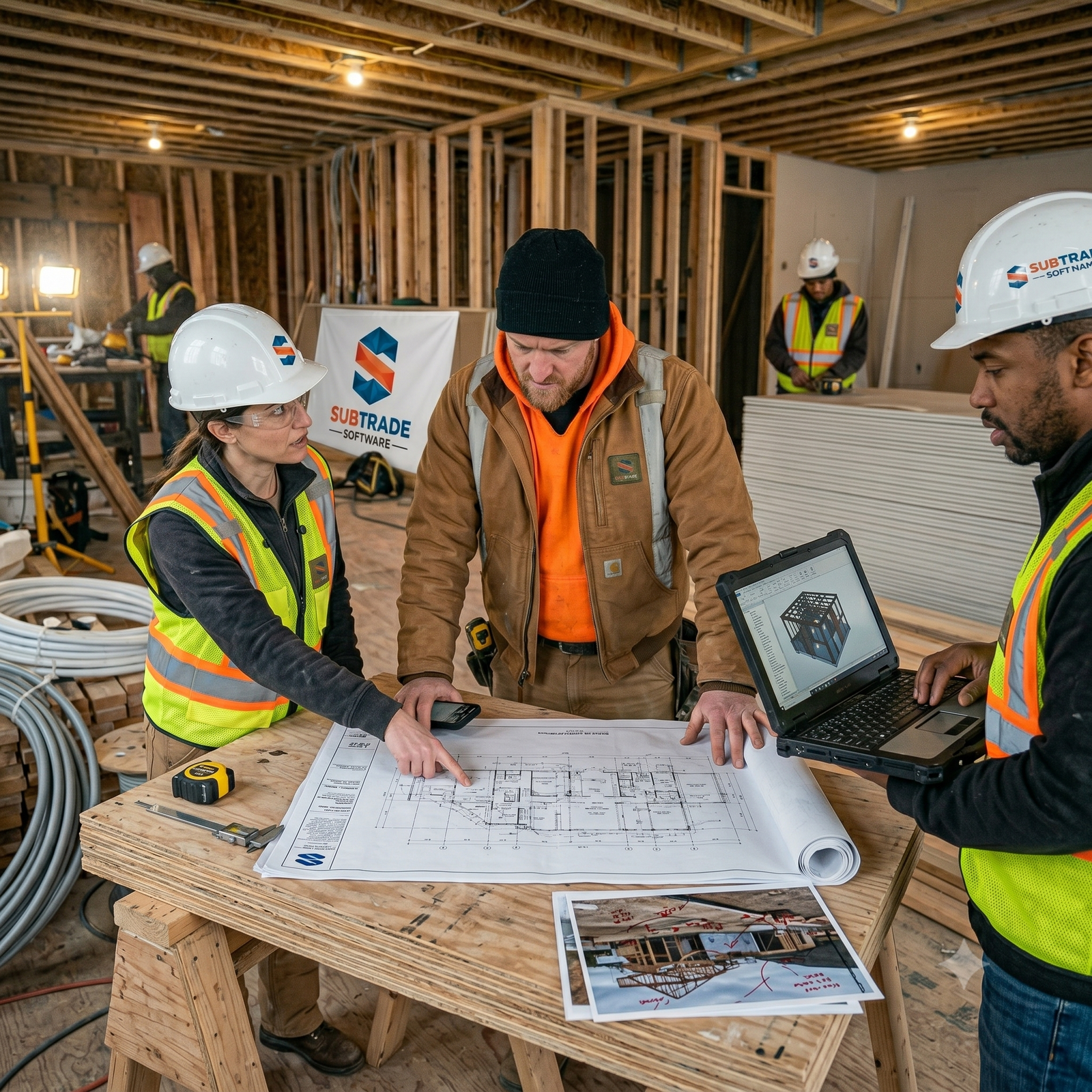 SubTrade crew reviewing a project on the jobsite