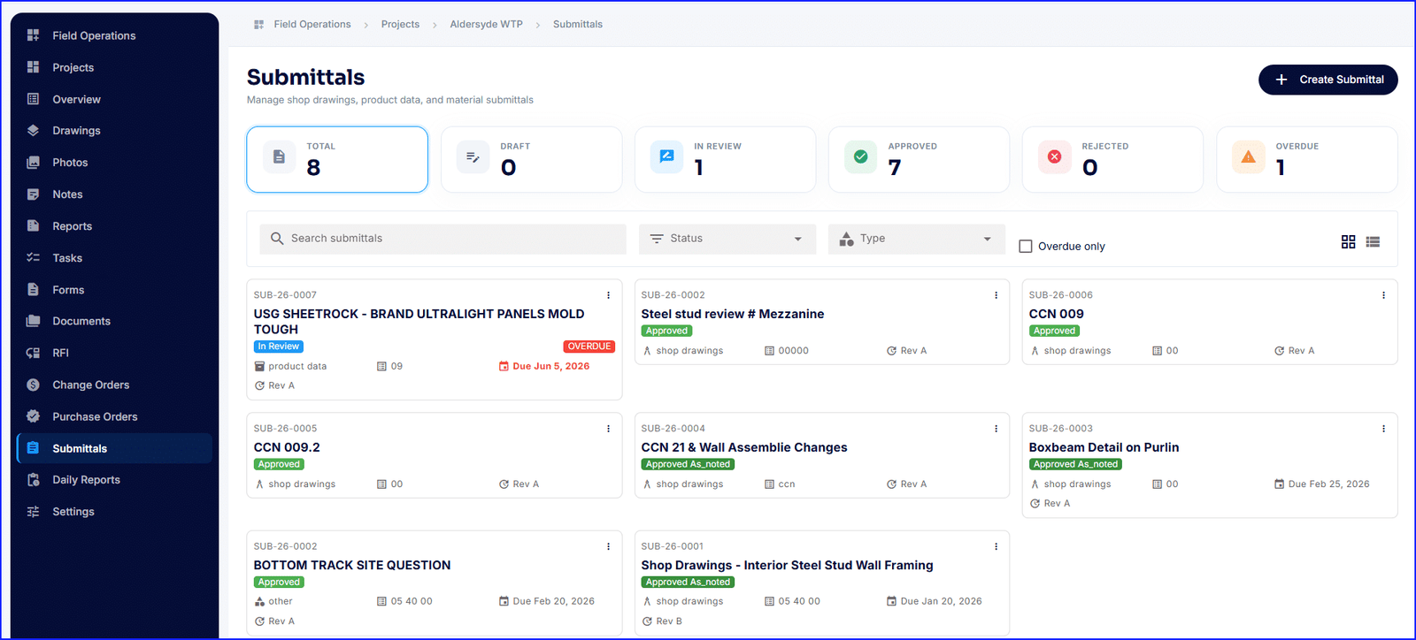 SubTrade submittal log and review status