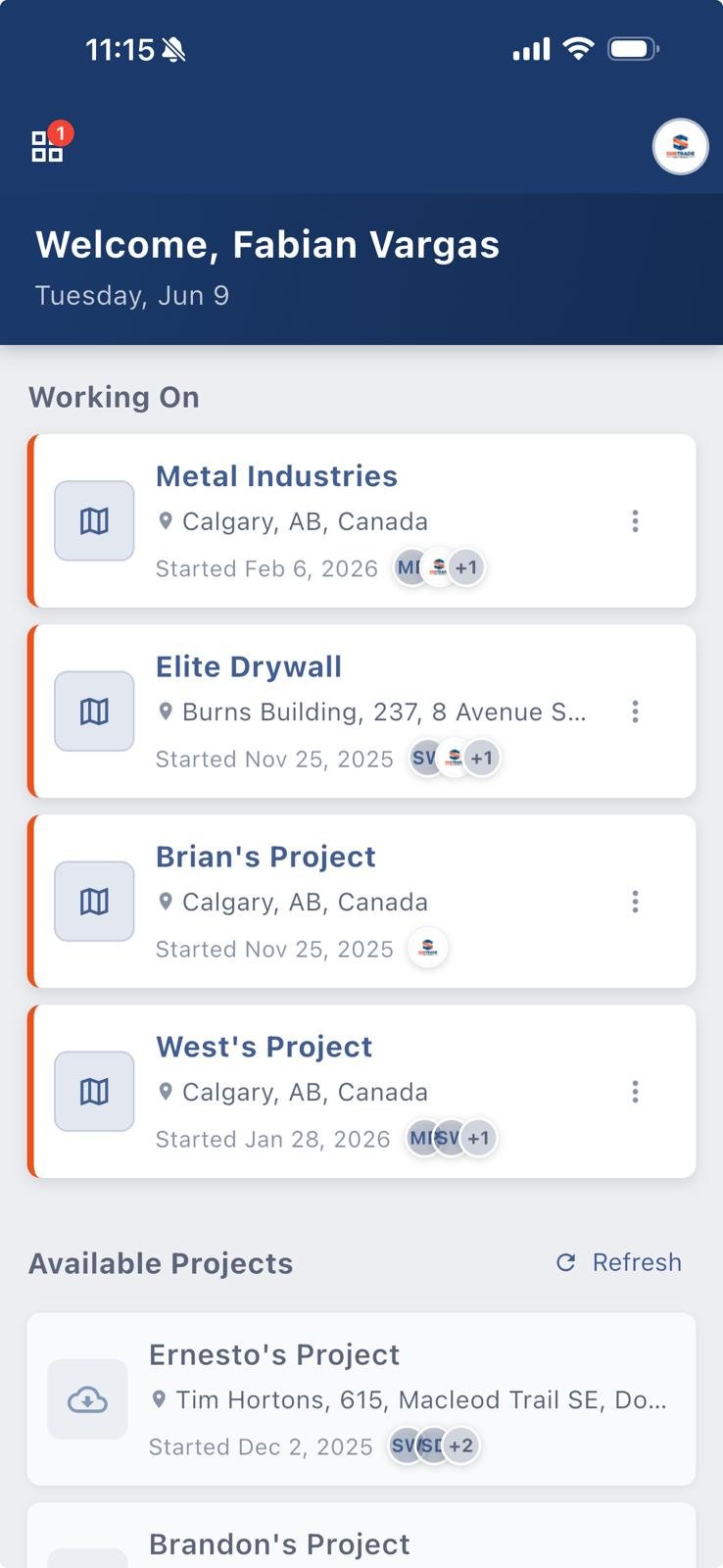 SubTrade mobile app for field crews showing working projects and jobsite locations